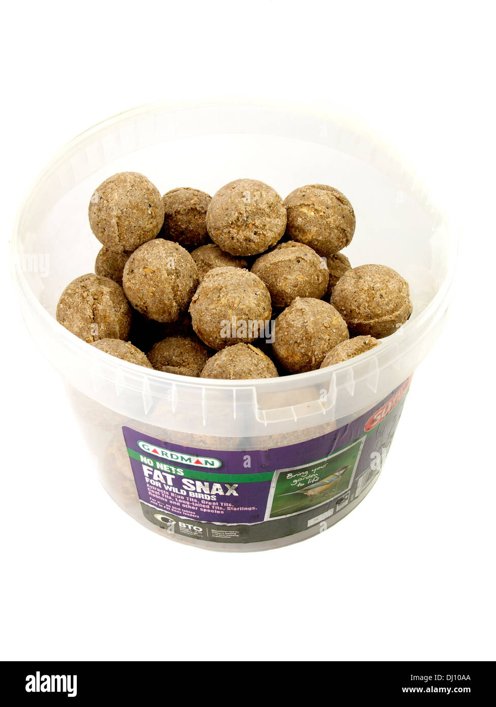 Large bucket of fat balls for feeding wild birds, UK Stock Photo