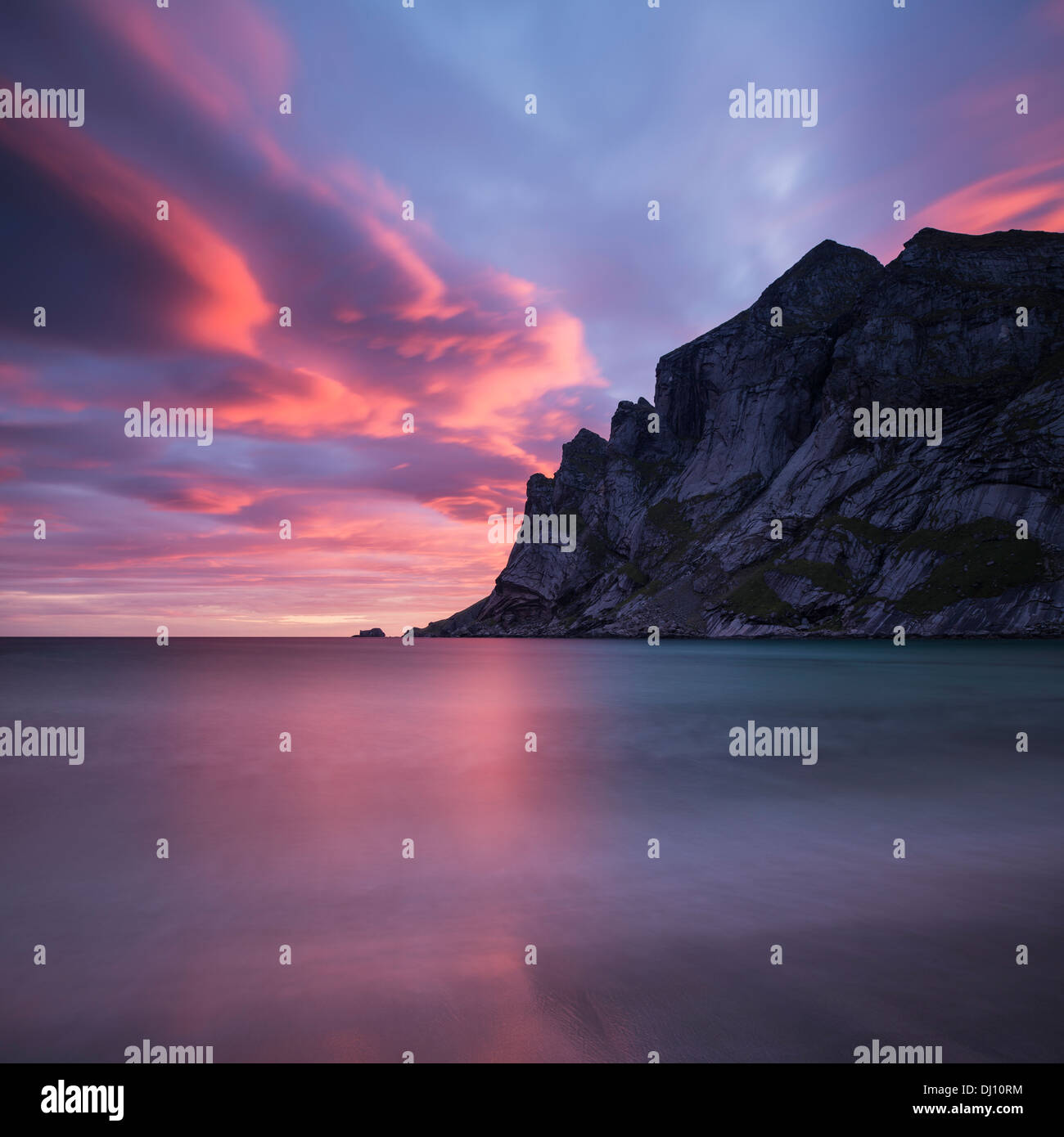 Colorful Sunrise Over Mountains At Bunes Beach Moskenesoy Lofoten