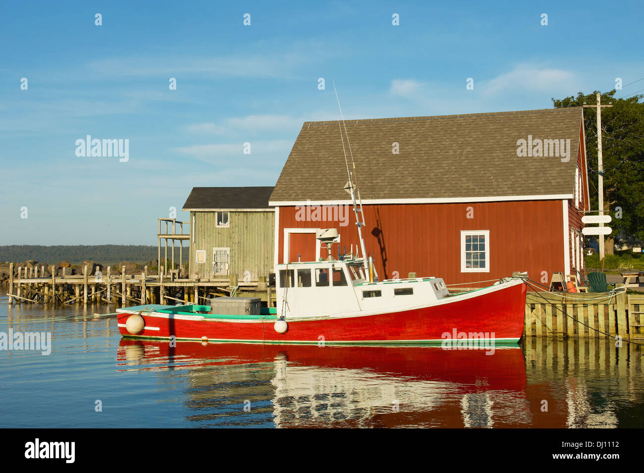 Fishing Boat Moored In Dock; Brier Island, Nova Scotia, Canada Stock