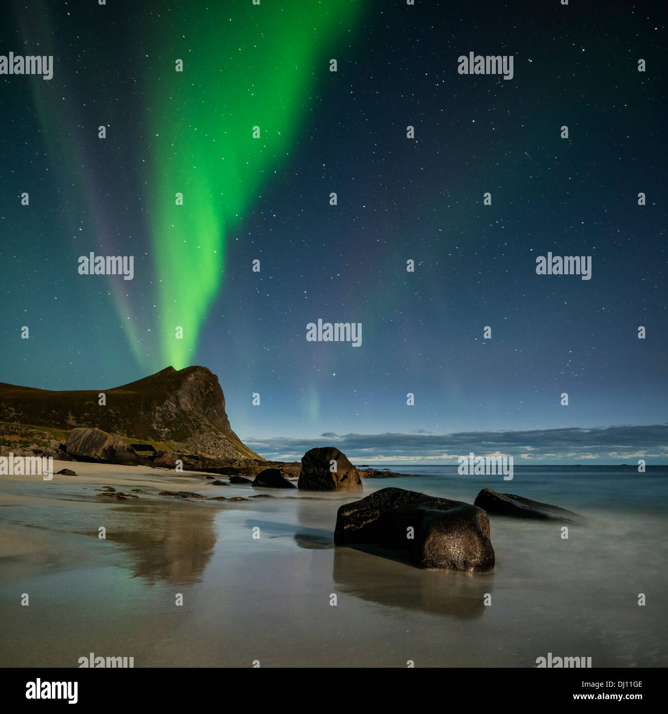 Northern Lights fill sky over Myrland beach, Flakstadoy, Lofoten Islands, Norway Stock Photo