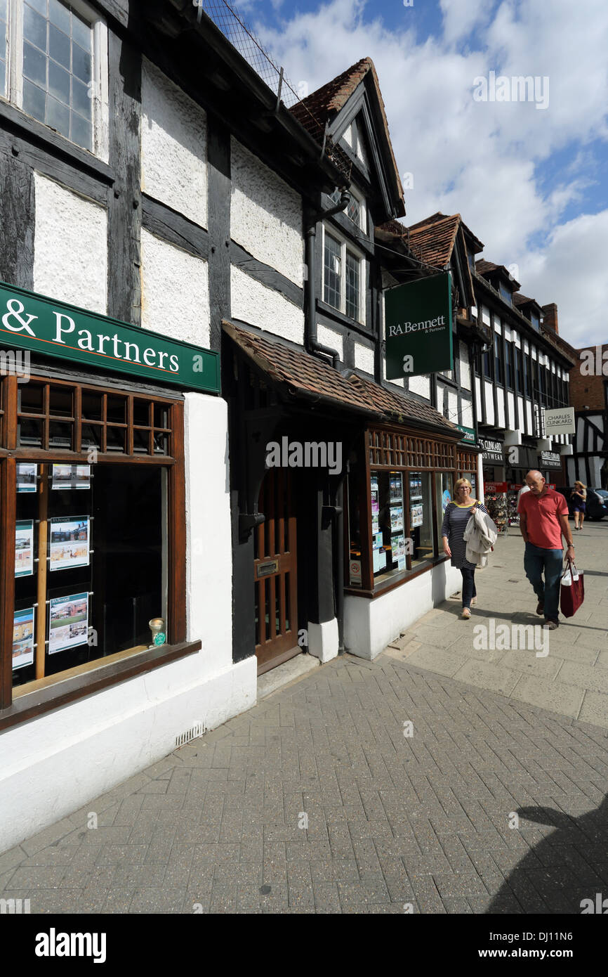 A street in Stratford-upon-Avon showing old, traditional timber-framed properties. Stock Photo