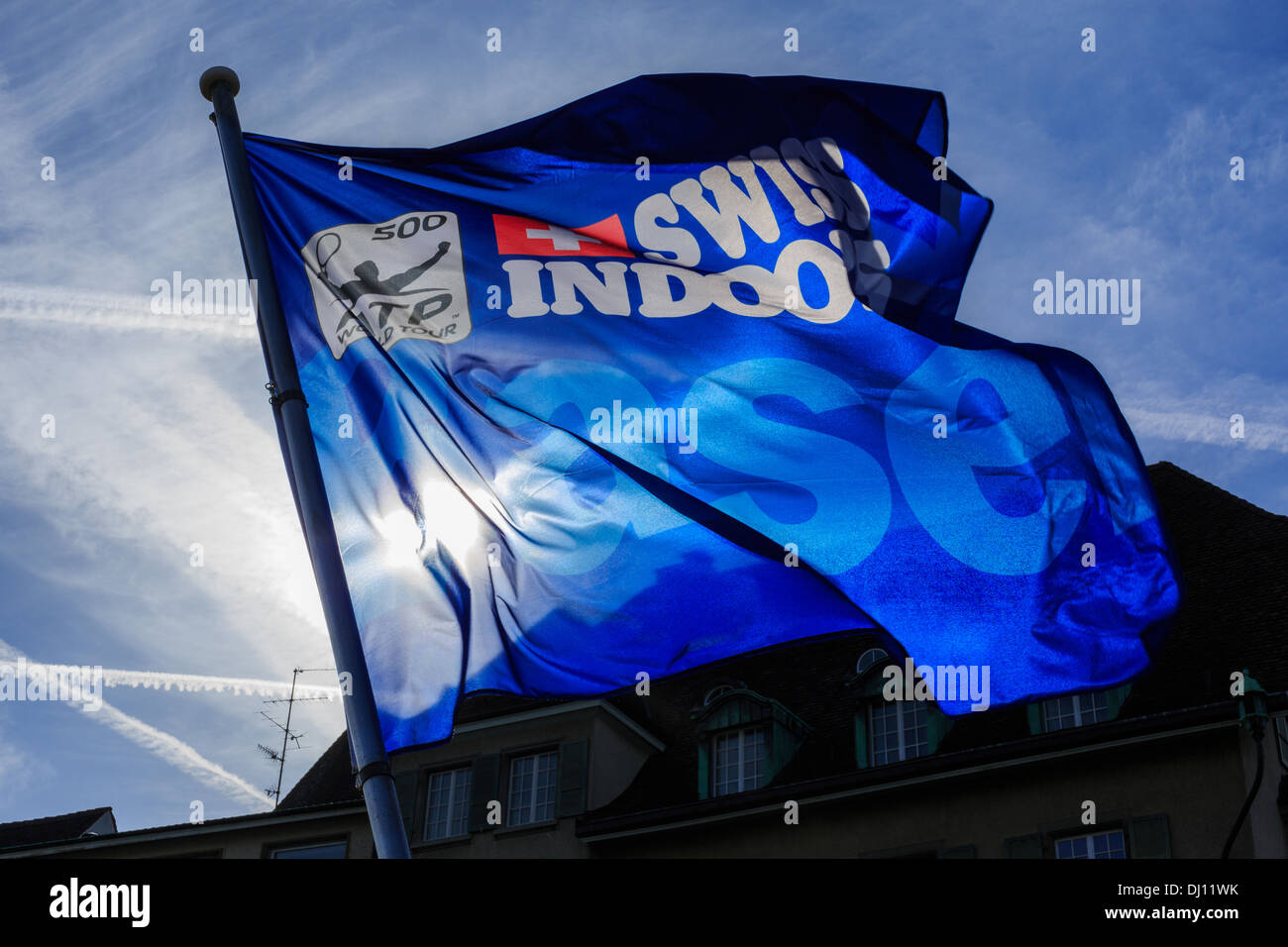 A flag advertising the Swiss indoor tennis championships. The Swiss Indoors in an ATP Tournament. Stock Photo