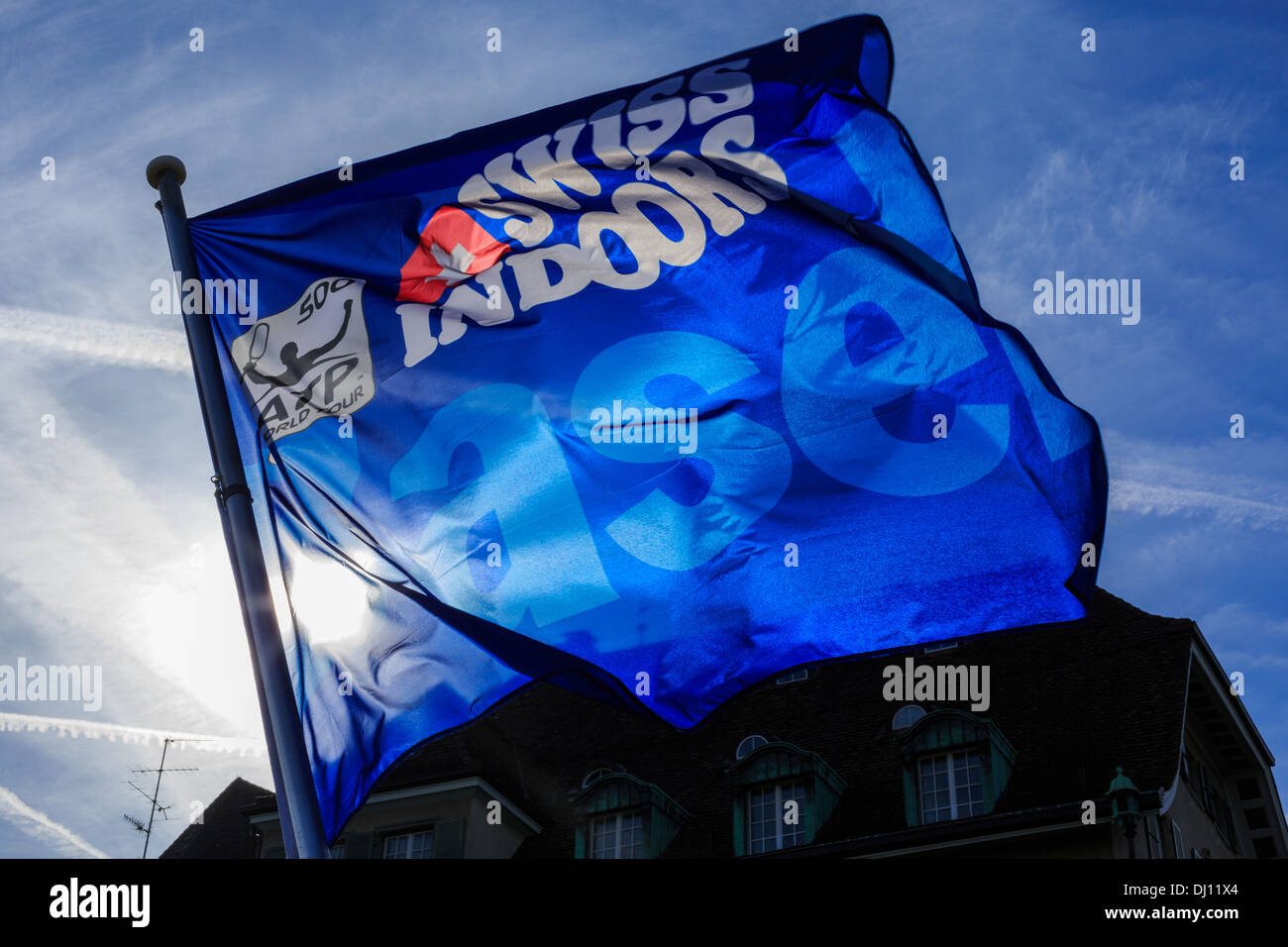 A flag advertising the Swiss indoor tennis championships. The Swiss Indoors in an ATP Tournament. Stock Photo