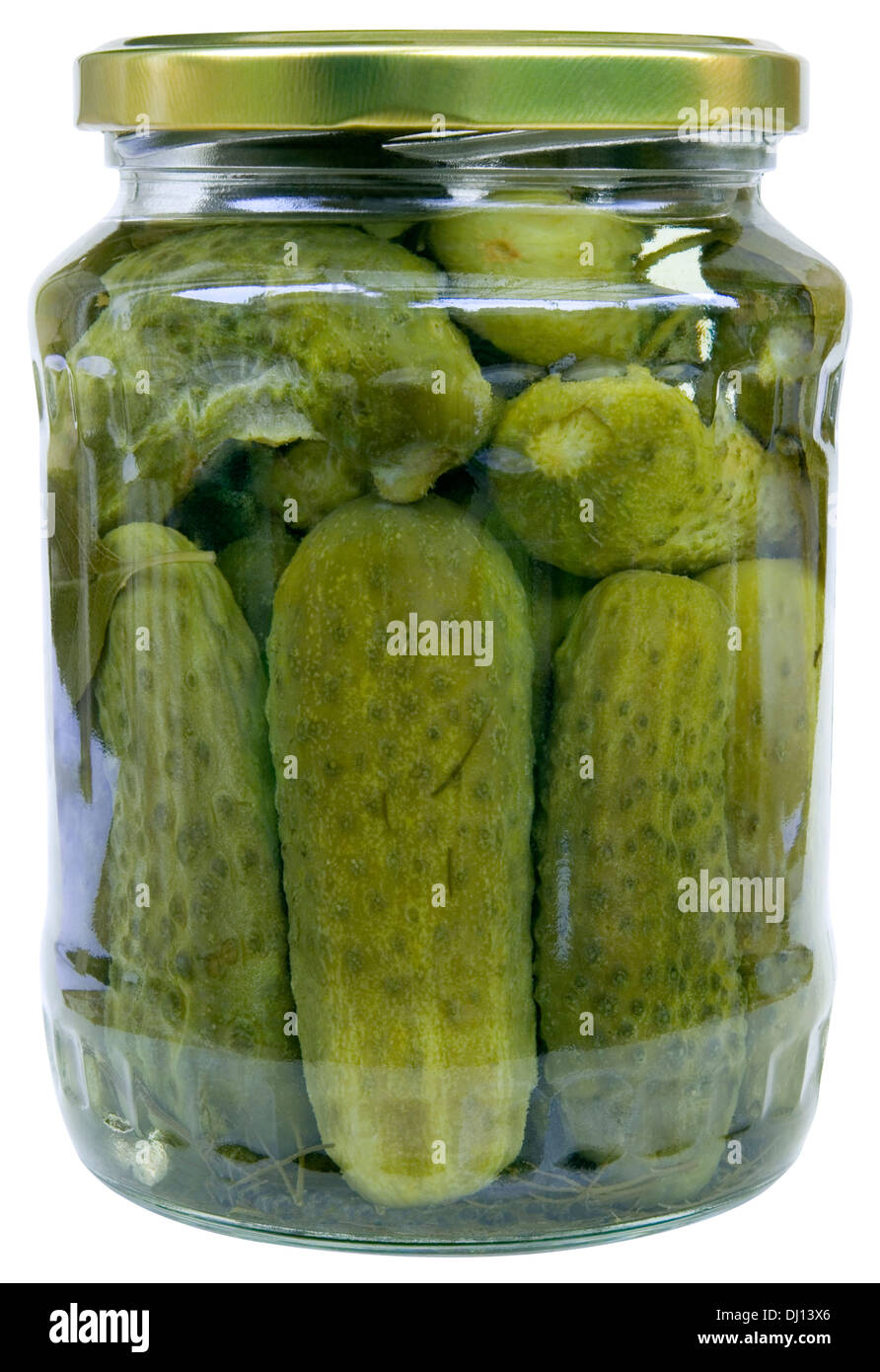 Cucumbers in the Jar isolated with Clipping path Stock Photo