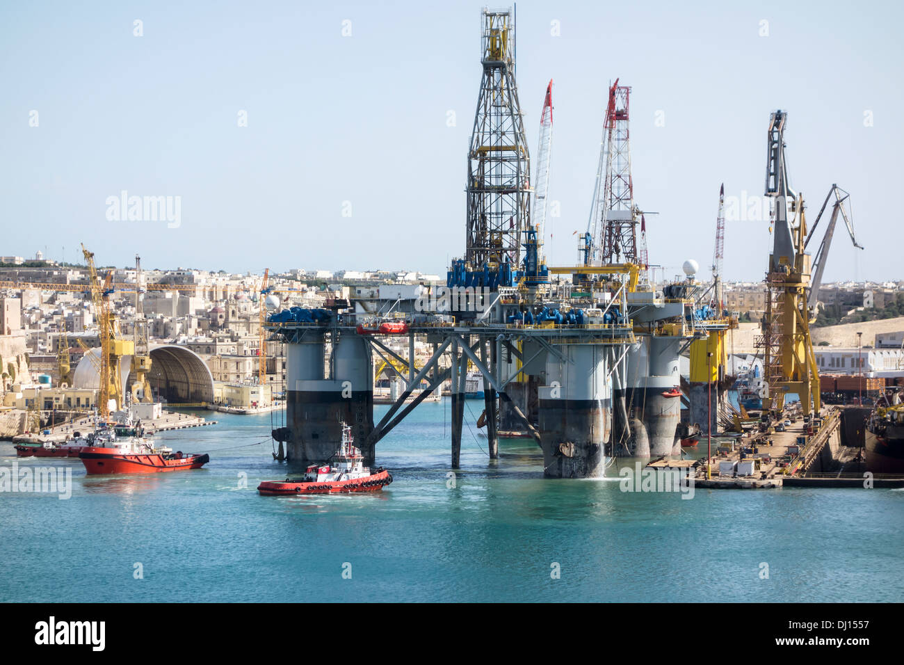 The sights of, overlooking, around and on the Island of Malta: Republic of Malta, Maltese Mediterranean Sea Europe oil gas rig Stock Photo