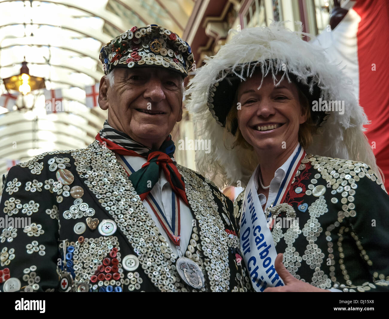 Traditional Pearly King and Pearly Queen in London. Stock Photo