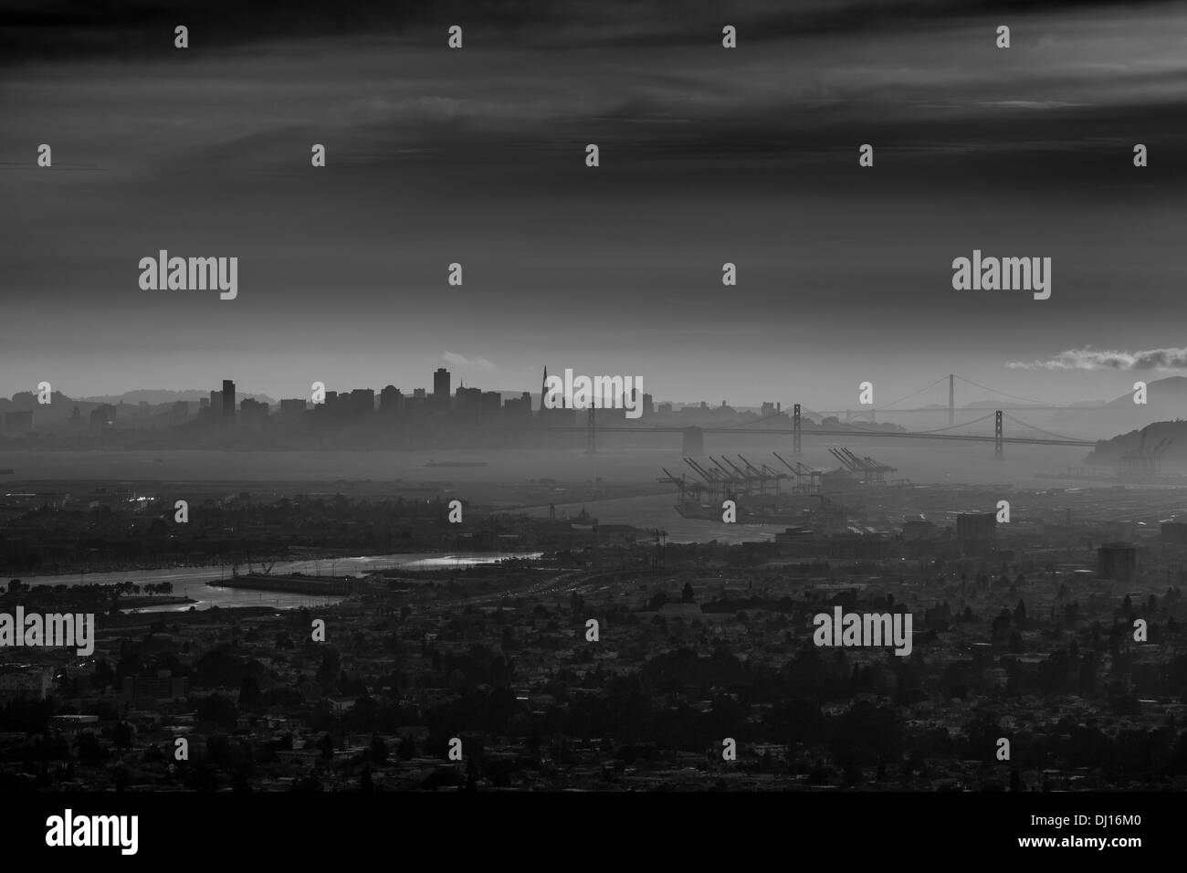 View from Downtown Oakland, California of San Francisco with Bay Bridge and Golden Gate Bridge Stock Photo