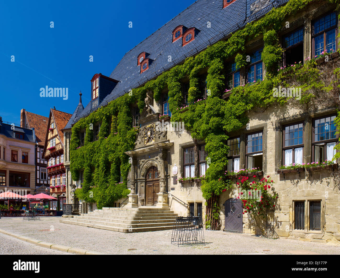 City Hall with cafe, Marketplace, Quedlinburg, Saxony-Anhalt, Germany Stock Photo