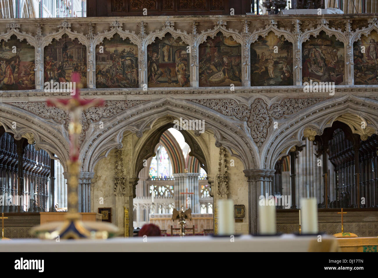 Exeter Cathedral Choir Screen with paintings in the panels Stock Photo