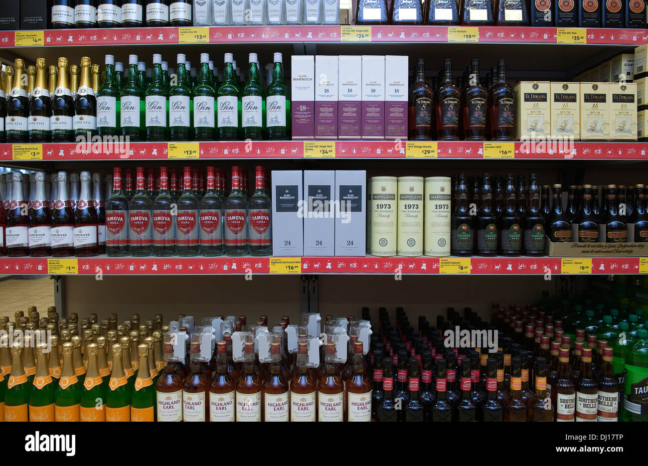 Shelves of cheap alcohol including wine, spirits and beer, in budget UK supermarket Aldi. Stock Photo