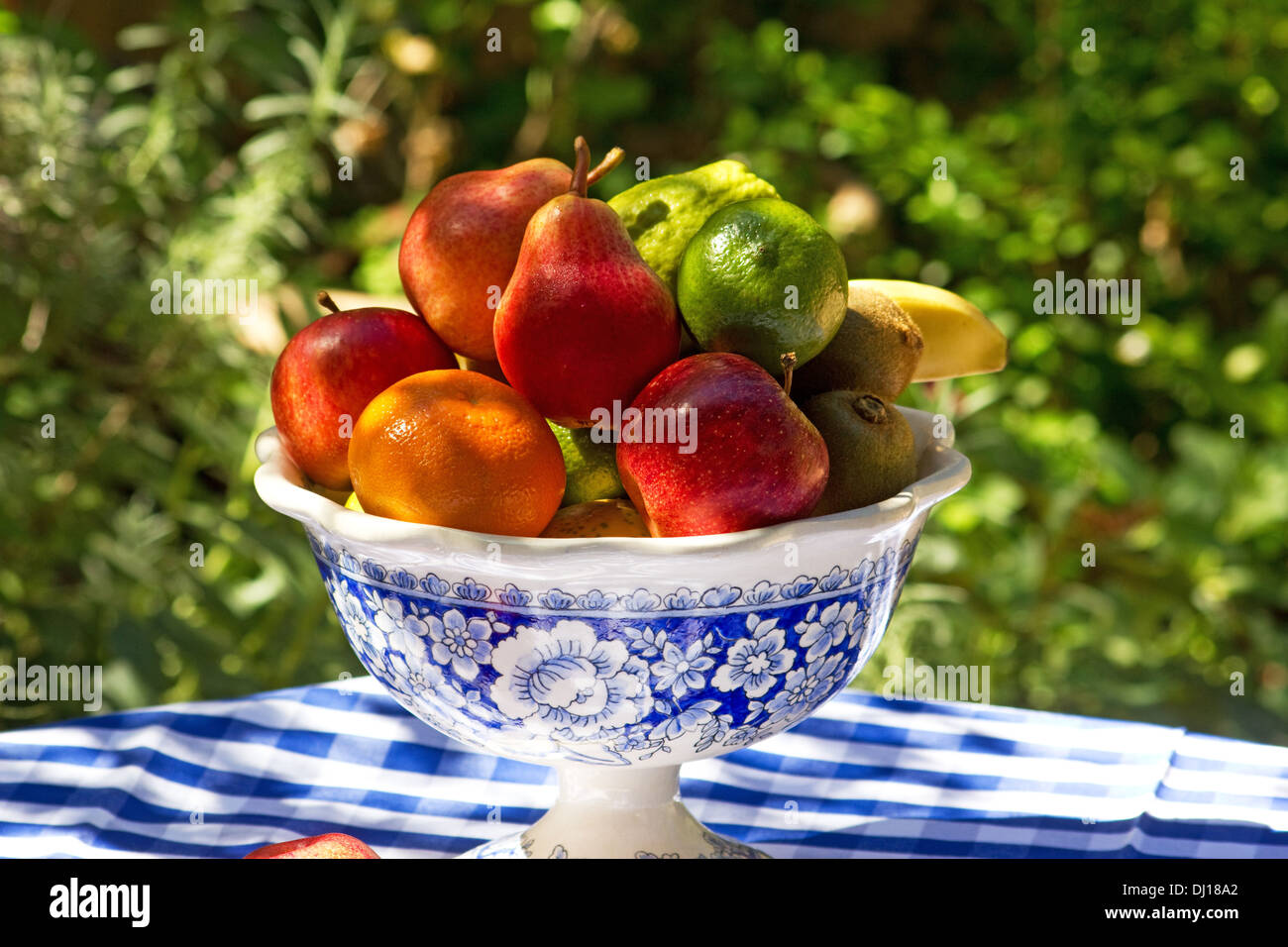 Fresh fruits in a fruit bowl on a table with gingham tablecloth Stock Photo  - Alamy