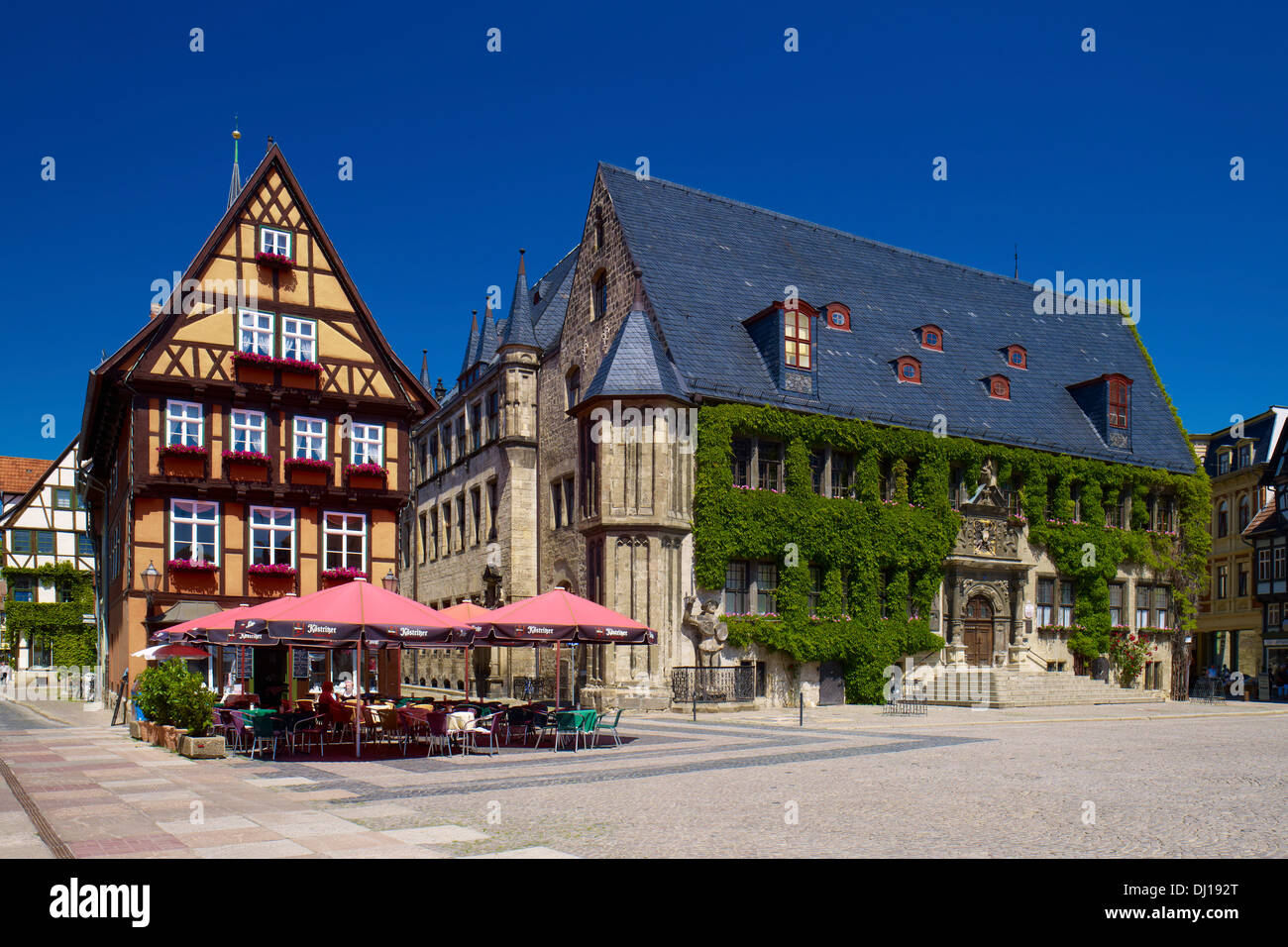 City Hall with cafe, Marketplace, Quedlinburg, Saxony-Anhalt, Germany Stock Photo