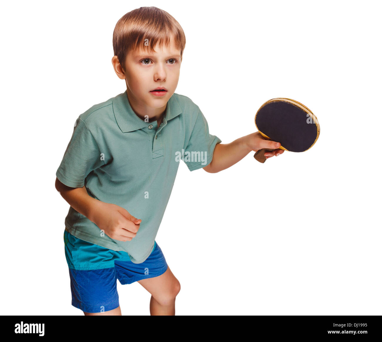 boy blond man playing table tennis forehand takes topspin isolated on