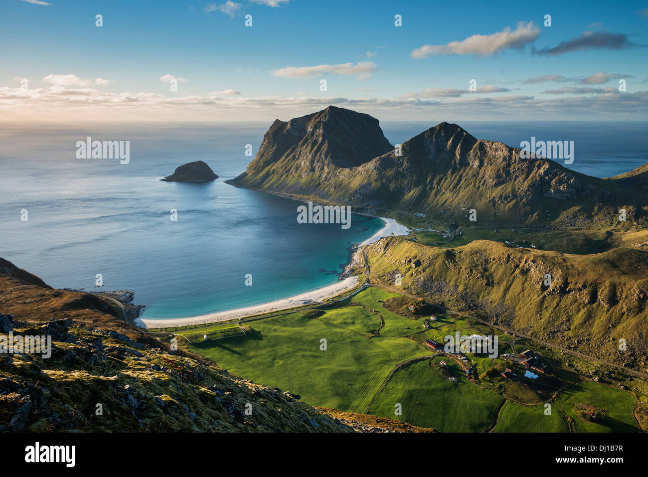 View of Vik and Haukland beaches from summit of Holandsmelen mountain peak, Vestvagoy, Lofoten Islands, Norway Stock Photo