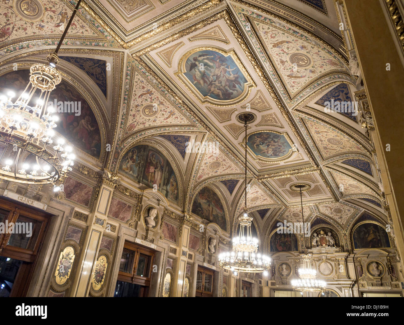 Ceiling in one of the side halls at Vienna State Opera. The opulent decoration of a ceiling in Vienna's famous Opera House. Stock Photo