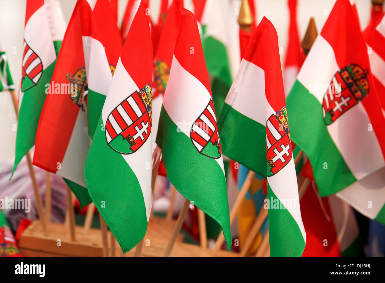 Lots of Hungarian flags with the country's blazon Stock Photo