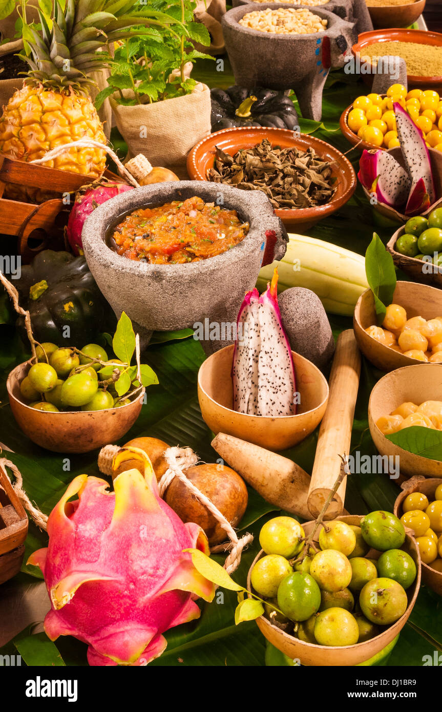 Locally grown and prepared food displayed on a culinary tour in Playa del Carmen, Riviera Maya, Mexico. Stock Photo