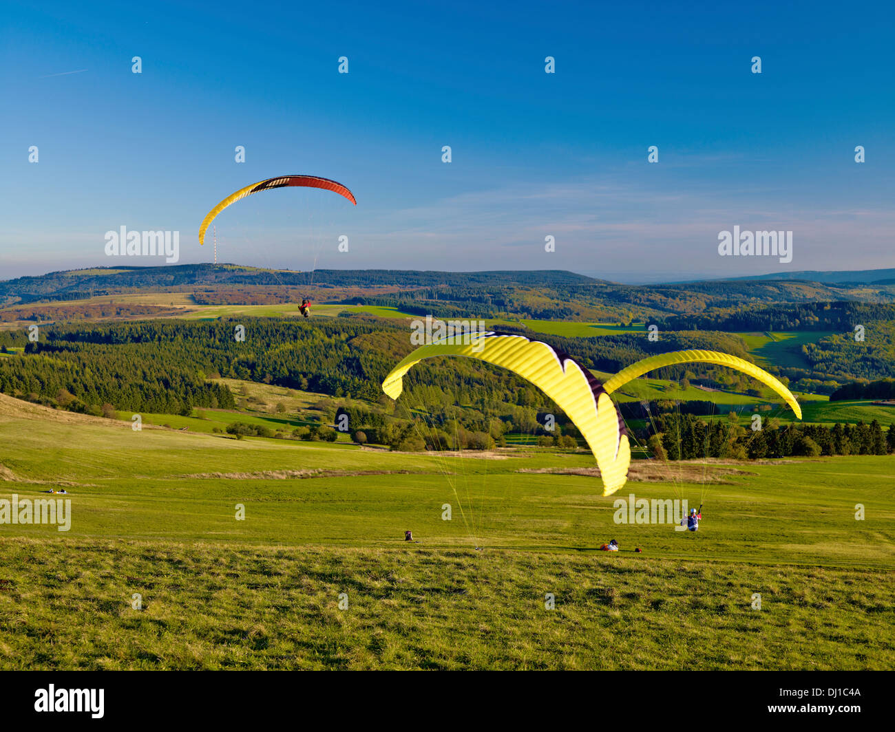 Paraglider at the Wasserkuppe, Rhön, Hesse, Germany Stock Photo