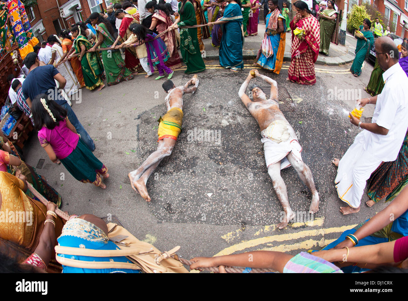 Rolling Pilgrims At The Rath Yatra Hindu Festival from the Murugan Temple North London UK Stock Photo