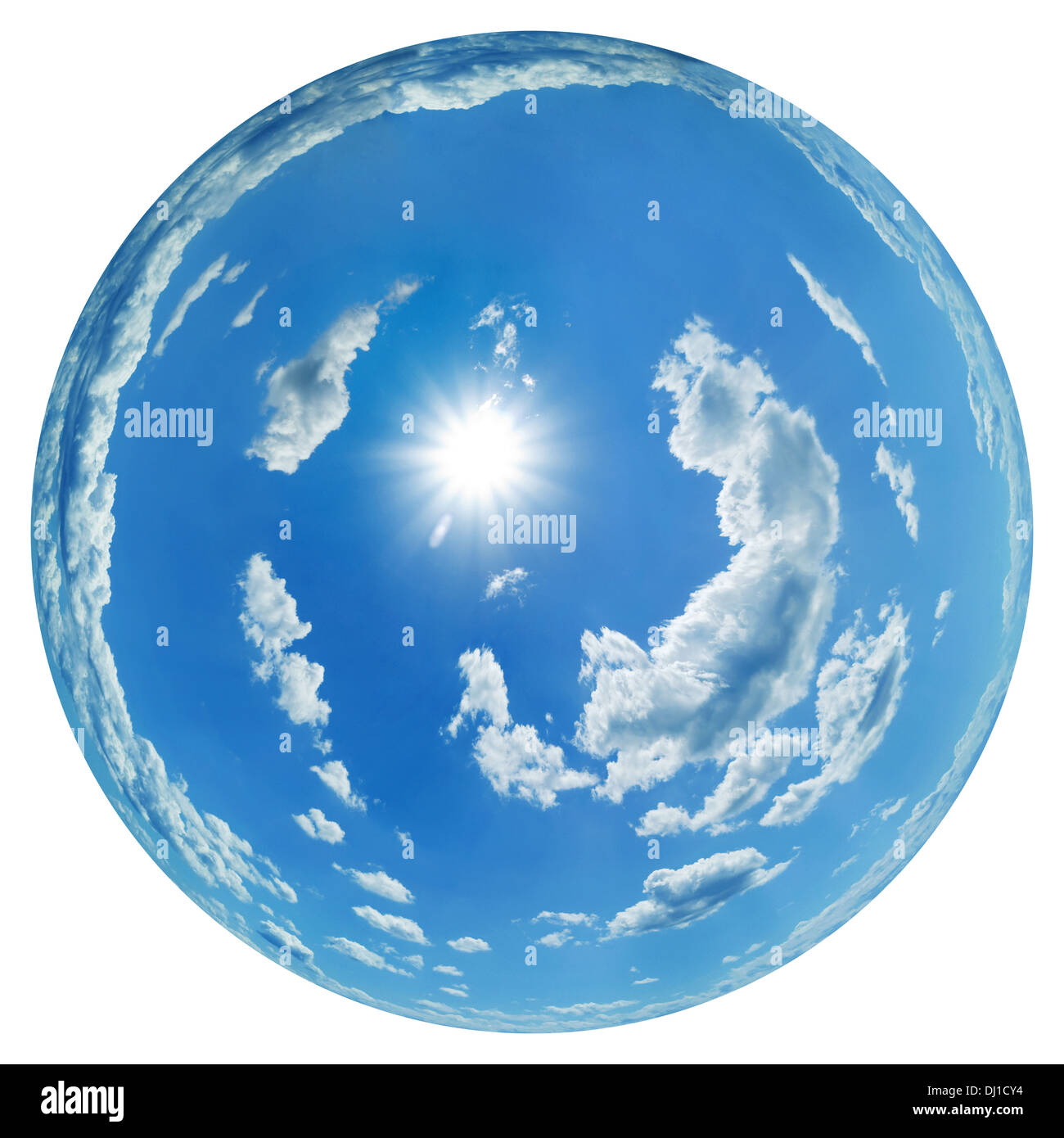 Sky globe with scattered cumulus clouds and sun Stock Photo