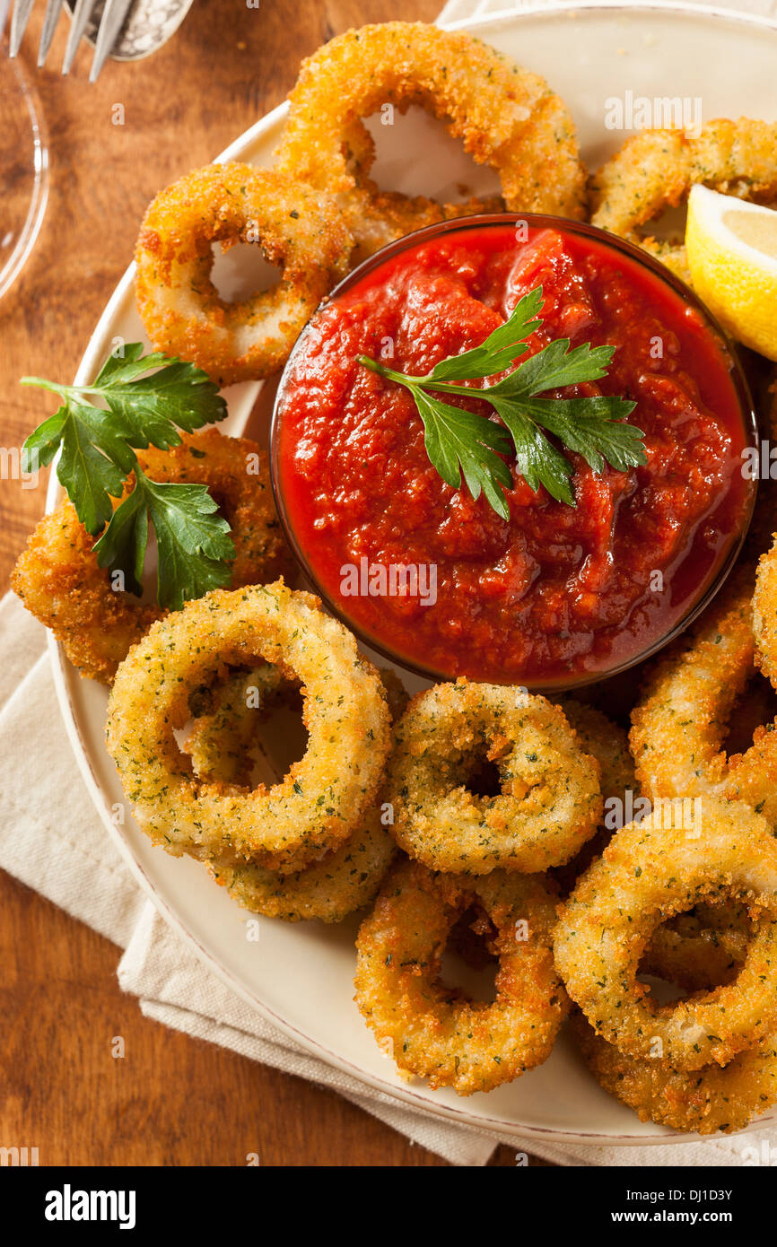 Homemade Fried Breaded Calamari with Marinara Sauce Stock Photo
