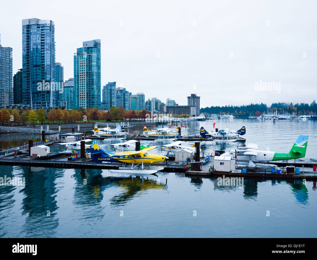A view of seaplanes moored at Vancouver Harbour Water Airport (CXH), also known as Vancouver Harbour Flight Centre. Stock Photo