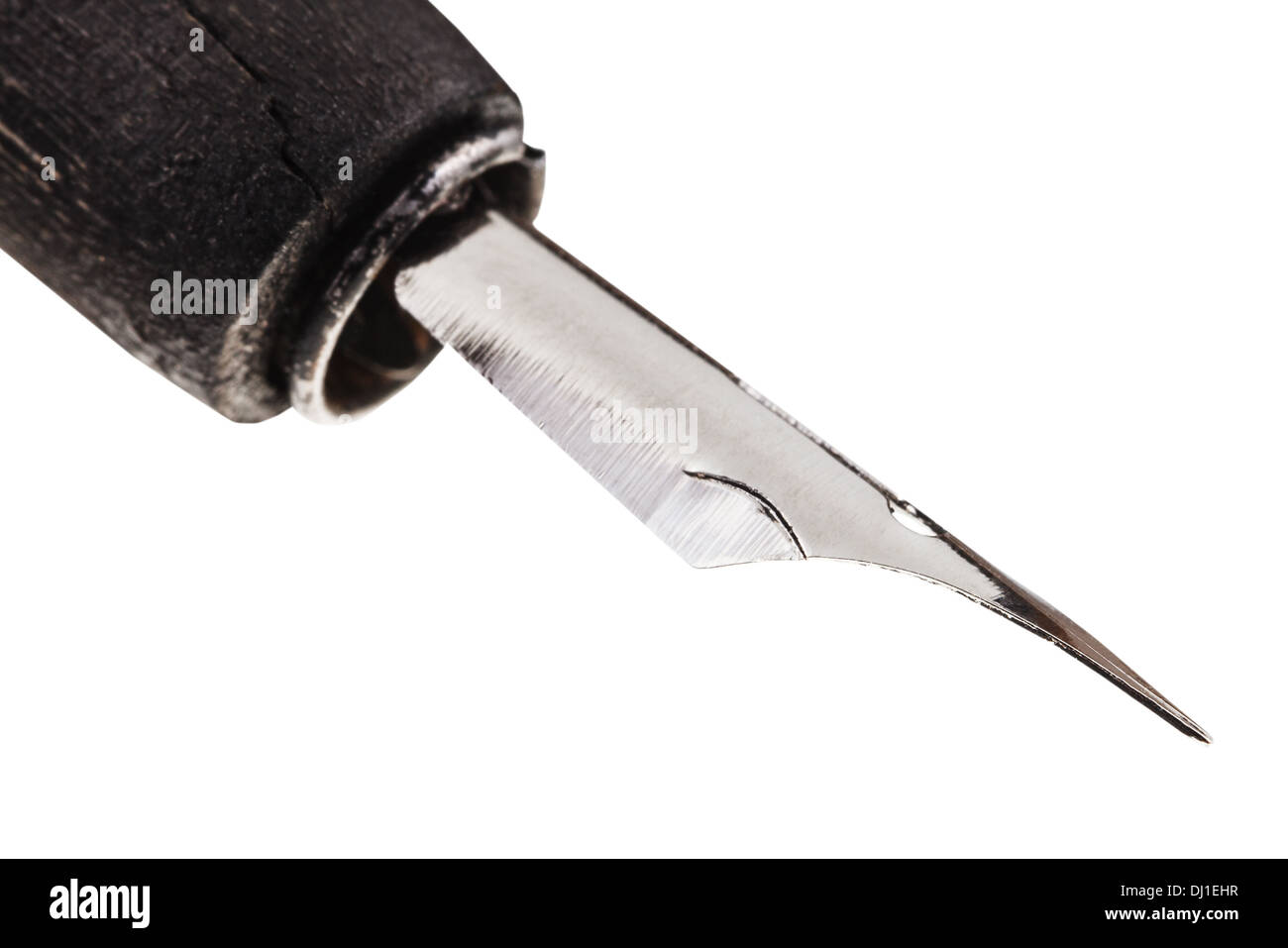 steel sharp nib of writing pen close up isolated on white background Stock Photo