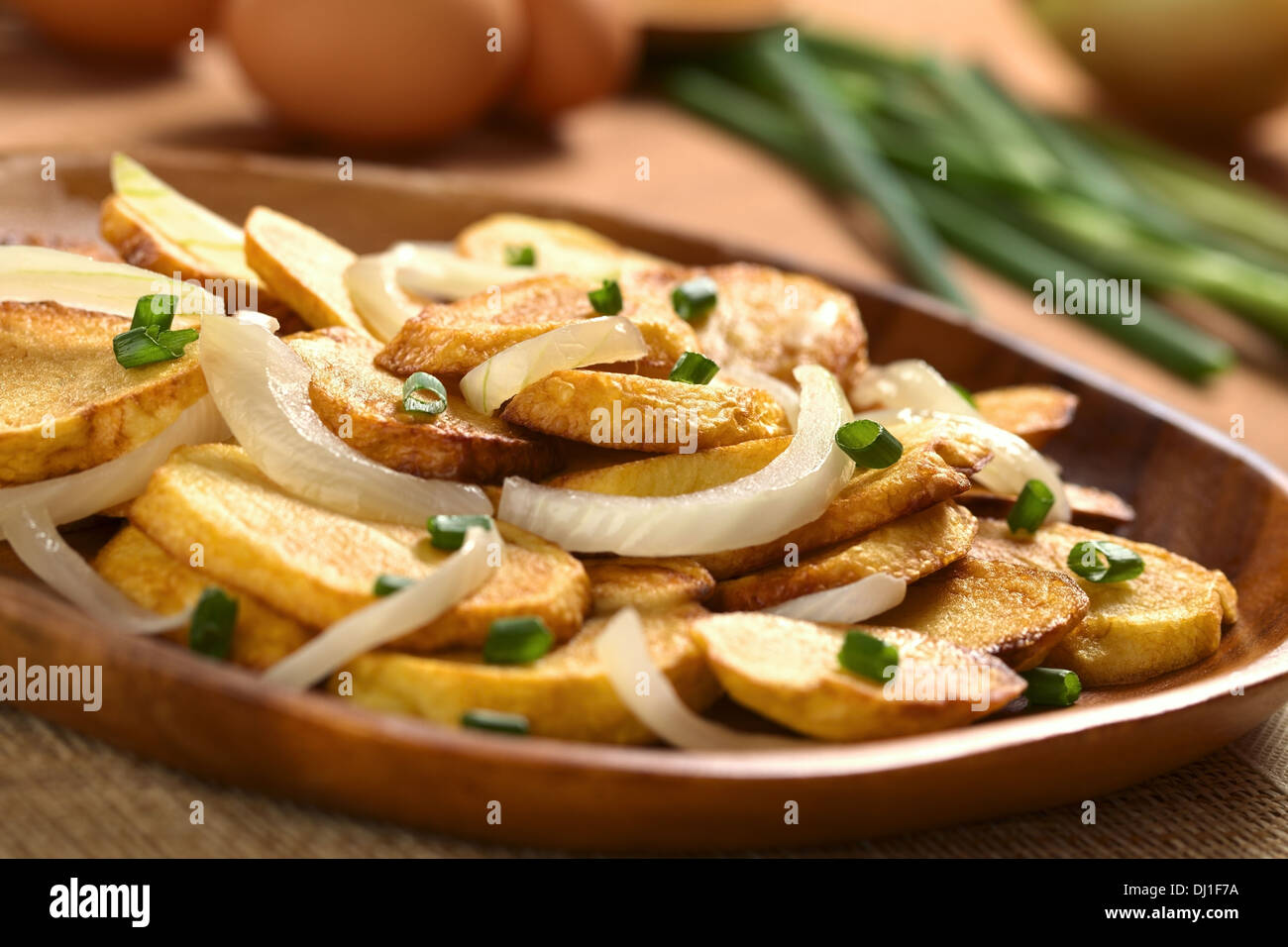 Fresh homemade crispy fried potato slices with fried onion and scallion