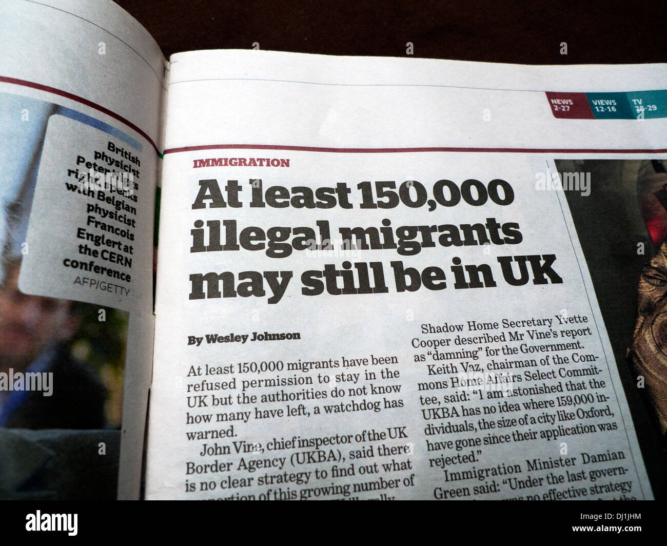 'At least 150,000 illegal migrants may still be in UK' newspaper article caption in Independent newspaper London 5 July 2012 Stock Photo