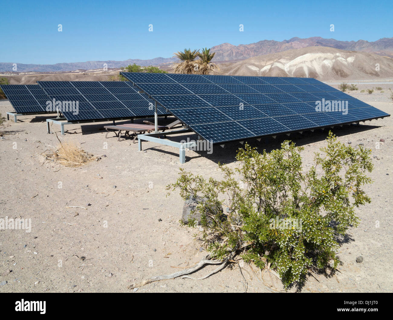 Solar panels in the immediate vicinity of the Furnace Creek Visitor Center in the Death Valley. Death Valley National Park, Cali Stock Photo