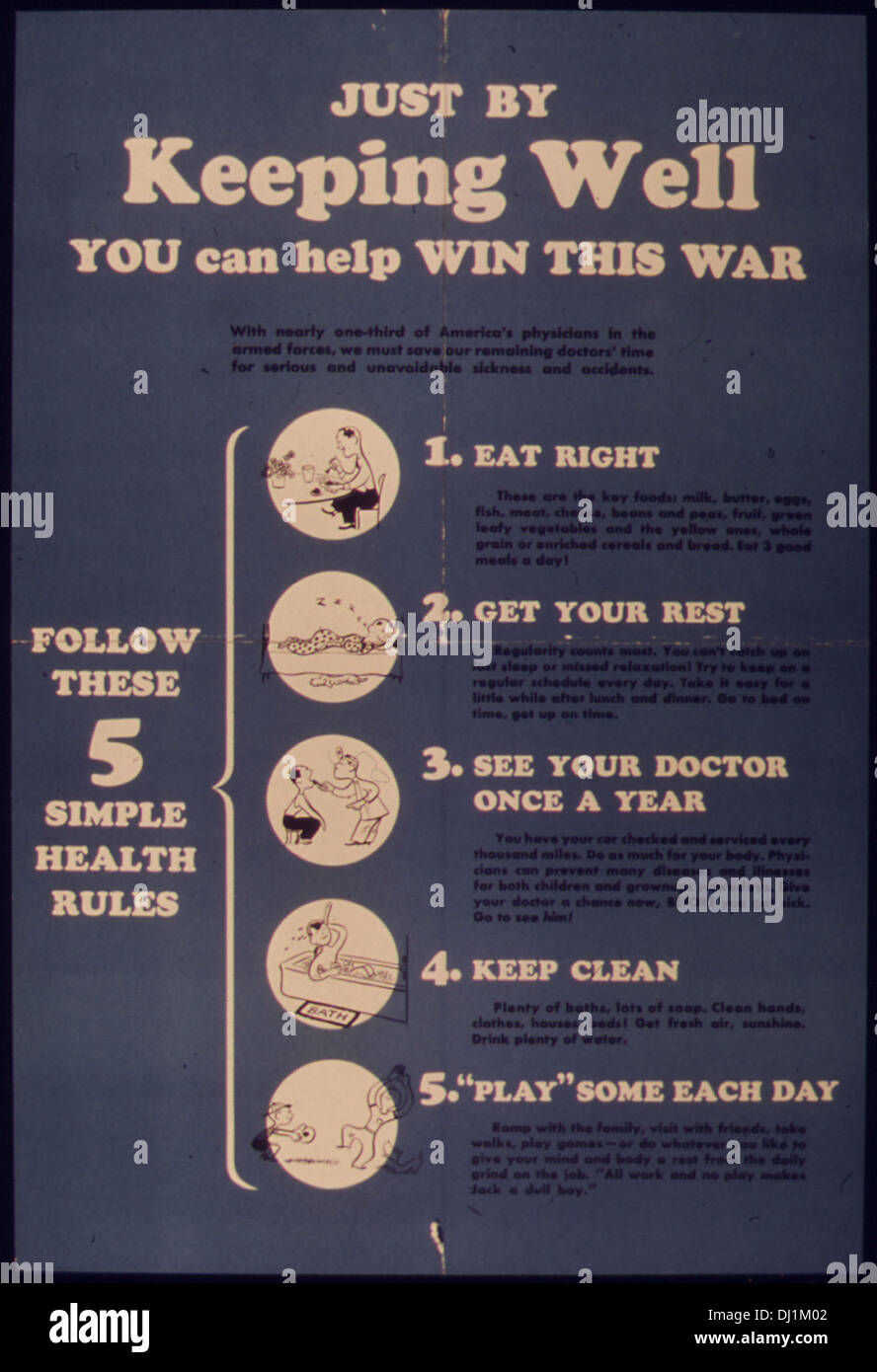 Just By Keeping Well You Can Help Win This War. Follow these five simple health rules. (1) Eat right, (2) Get your... 753 Stock Photo