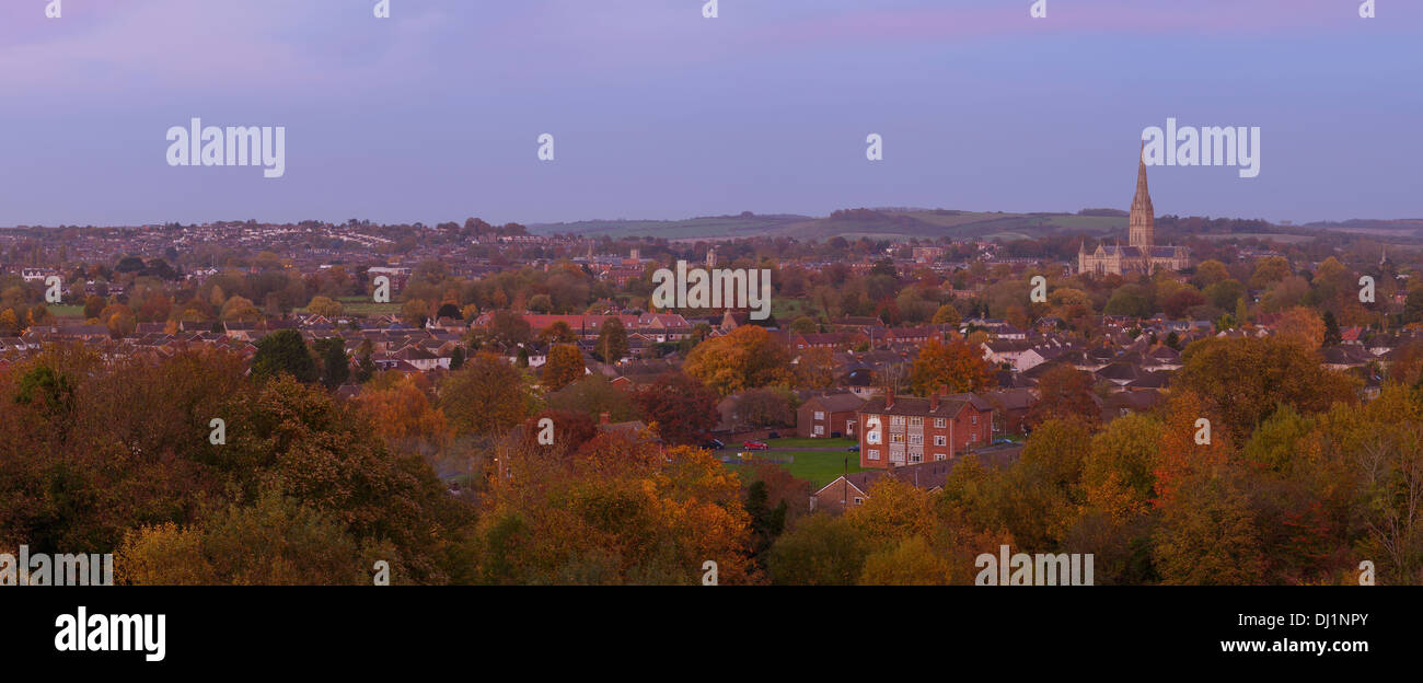 An autumn evening panoramic skyline of Salisbury city centre Stock Photo