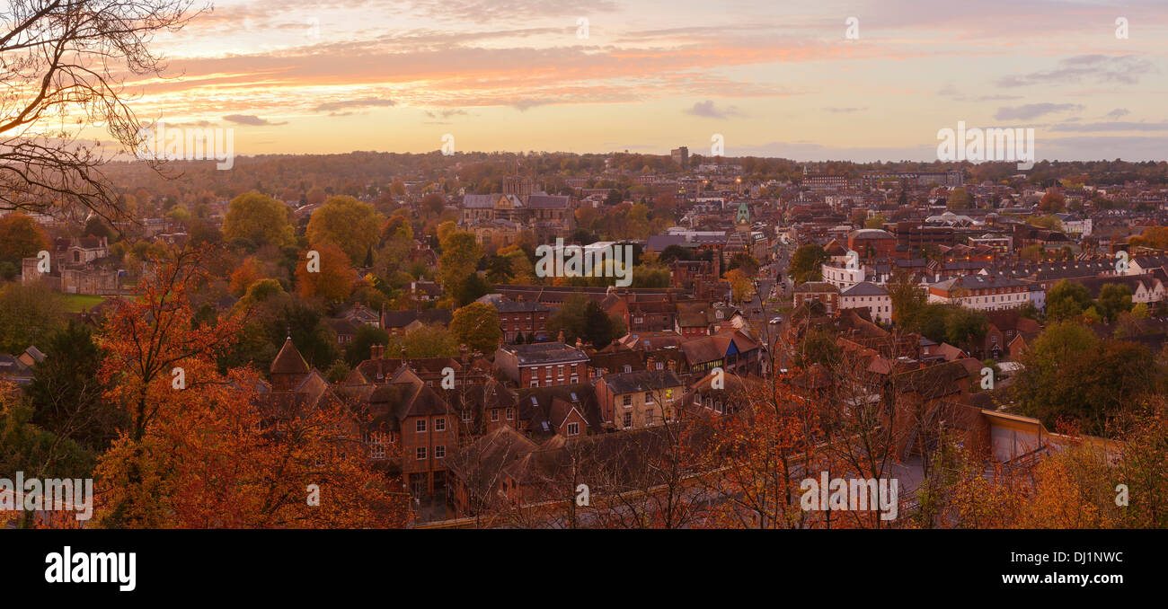 An autumn evening panoramic skyline of Winchester city centre Stock Photo