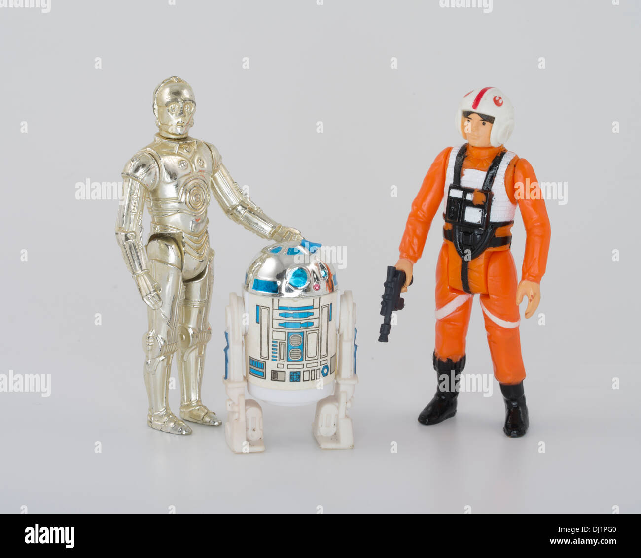 Star Wars 1977 vintage Kenner action figures C-3PO R2-D2 Luke Skywalker Stock Photo