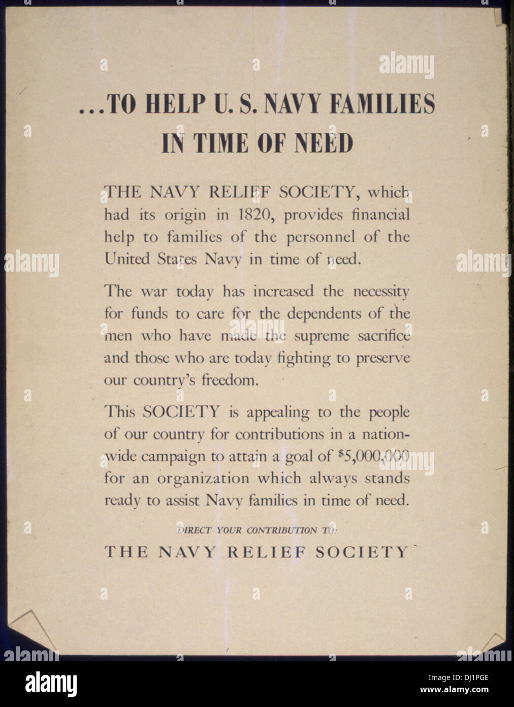 TO HELP U.S. NAVAL FAMILIES IN TIME OF NEED. THE NAVY RELIEF SOCIETY. 838 Stock Photo