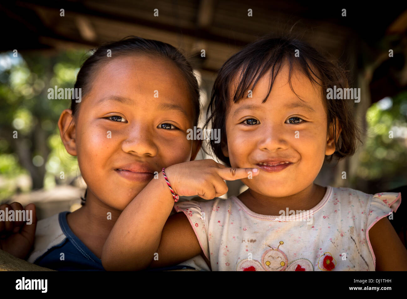 Portrait of two Balinese children, Ubud area, Bali, Indonesia Stock Photo
