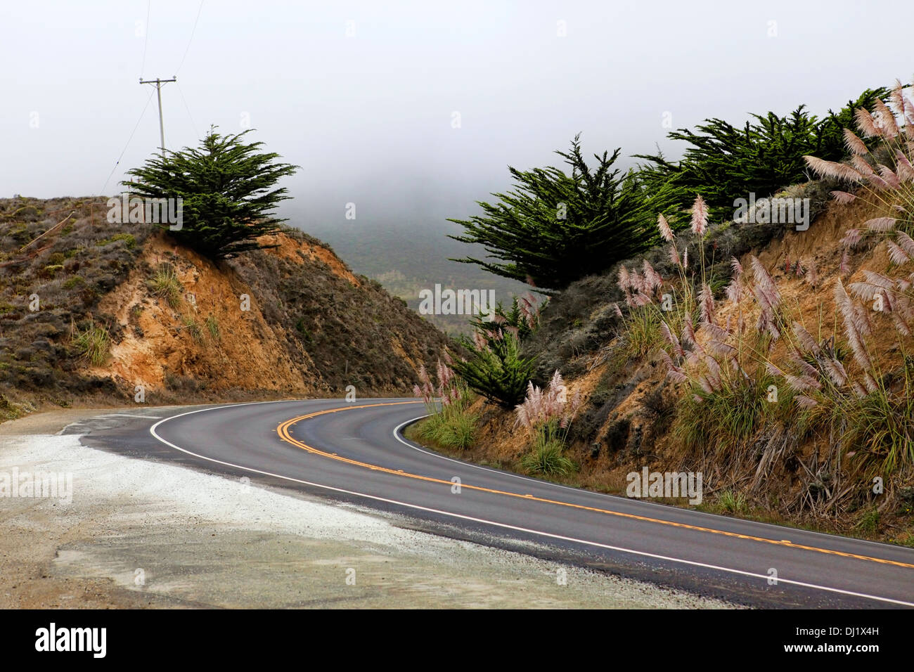 Road in the fog, leading to Half Moon Bay, California Stock Photo