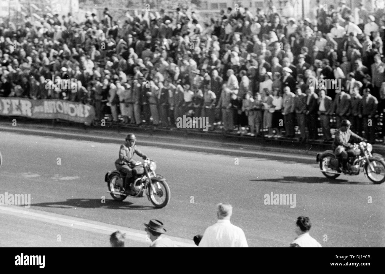 Spanish motorcycle police opening the Pedralbes boulevard circuit pre-race, Spanish Grand Prix, Pedralbes, Spain 24 Oct 1954. Stock Photo