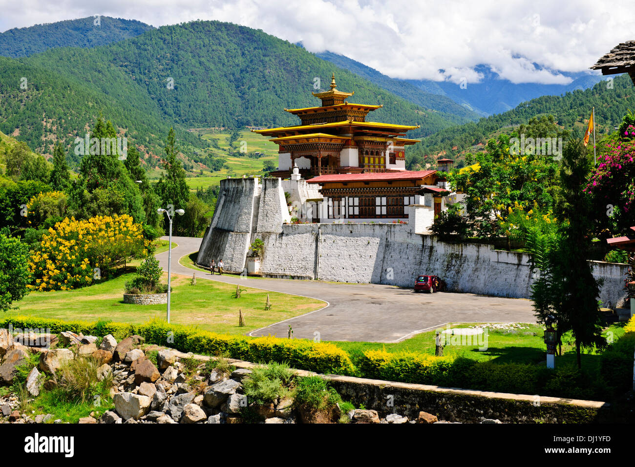 Punakha Dzong,The head of the clergy of Bhutan with his entourage of Buddhist monks spend the winter in this Dzong,Surroundings Stock Photo