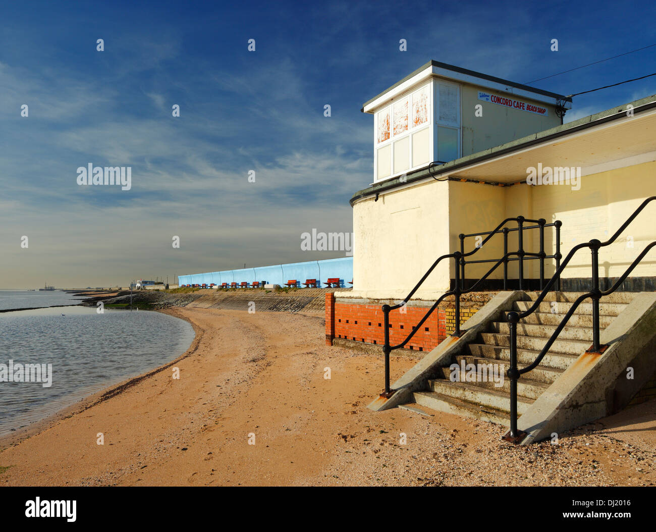 Beach at Canvey Island, and Concord Cafe closed for the winter Stock