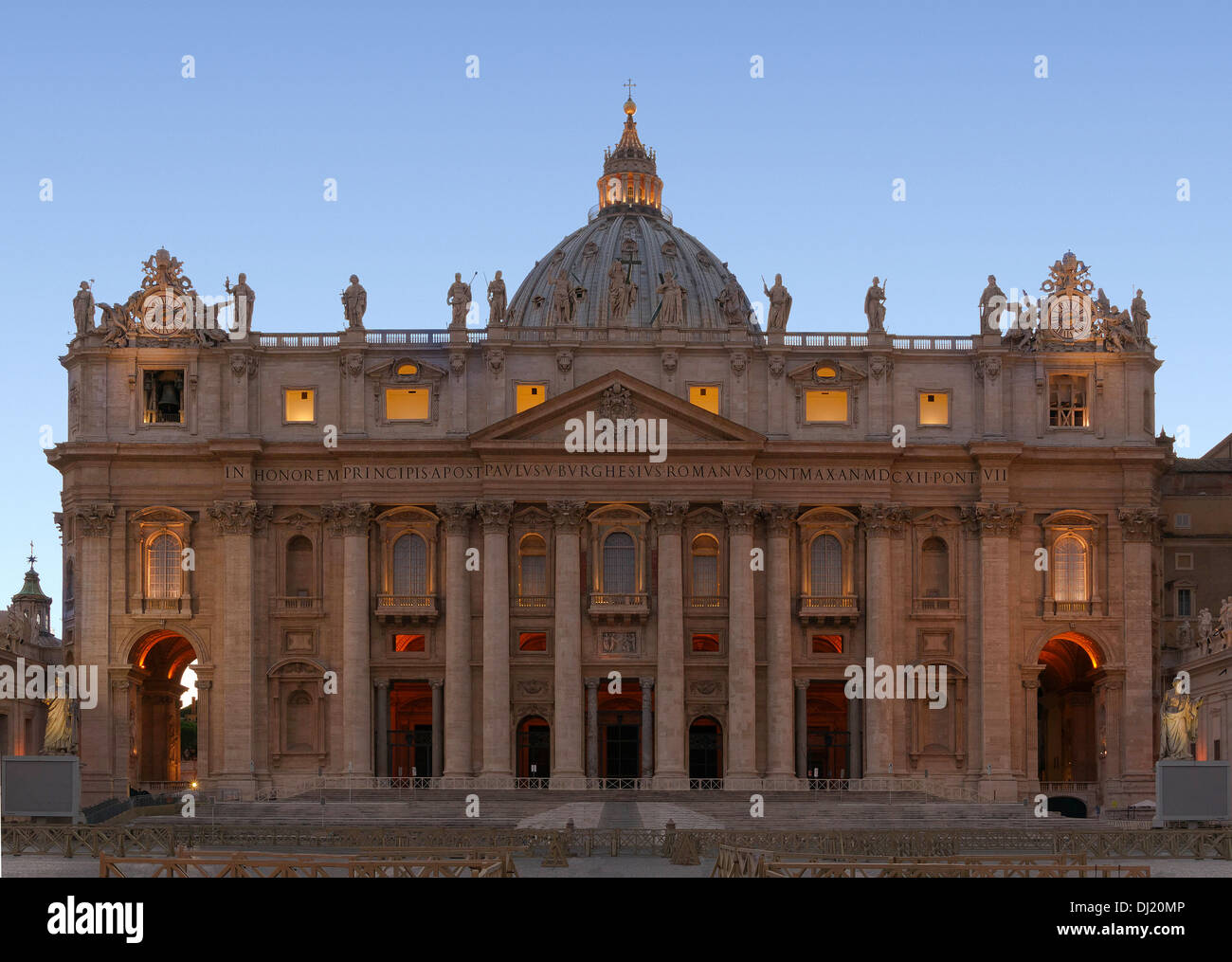 Facade of Saint Peter's Basilica in Rome, beginning of the evening. Vatican City. Stock Photo