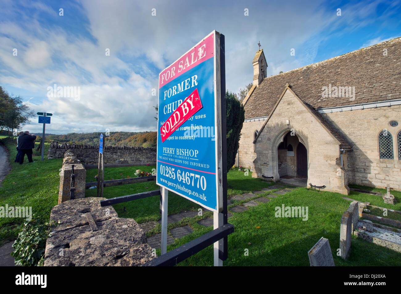 A 'For Sale' and 'Sold' sign on a church in Shortwood near Nailsworth