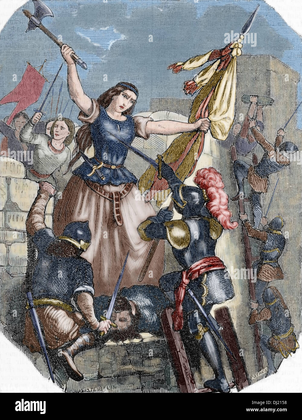 Jeanne Hachette (b.1456). French heroine during the Beauvais site, June 27, 1472. Engraving. Colored. Stock Photo