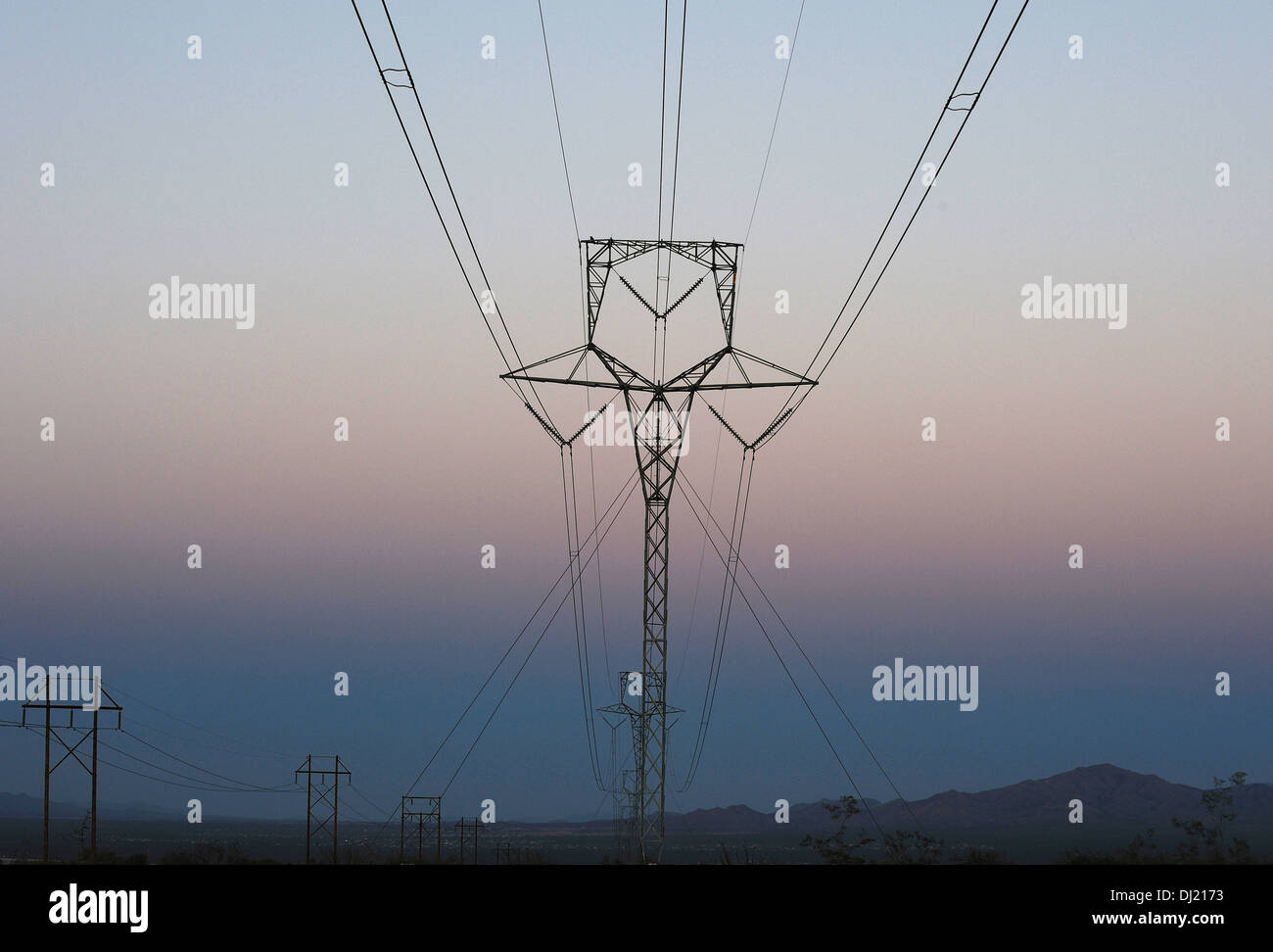 Power transmission lines in the desert of southern Arizona at dusk Stock Photo Alamy