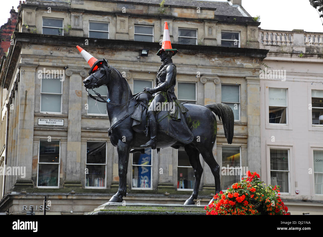 Duke of Wellington statue with two cones in Glasgow city centre, Queen Street / Royal Exchange Square, Scotland, UK Stock Photo