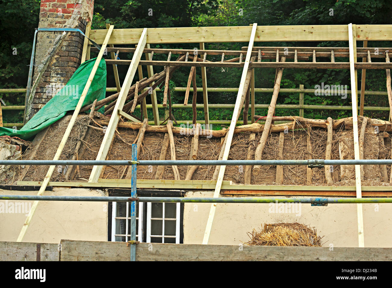 A new thatch roof is put on a cottage in West Lulworth, Dorset Stock Photo