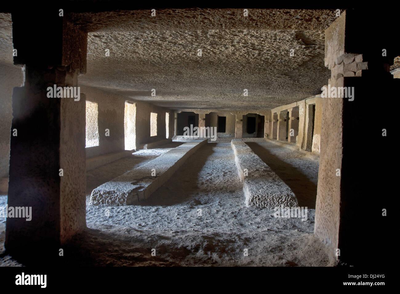 Cave 11 : Interior of hall. Kanheri Caves, Borivali, Mumbai, Maharashtra, India Stock Photo