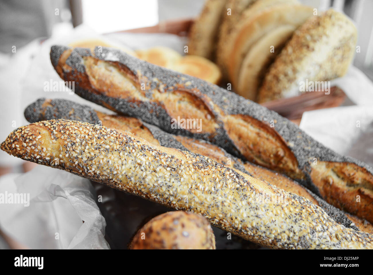Freshly baked Baguette in a basket at a bakery Stock Photo