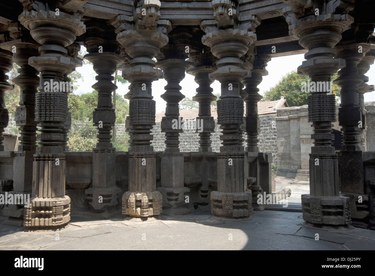 Kopeshwar temple. Pillars in the circular Mandapa Khidrapur, Kolhapur, Maharashtra, India. Stock Photo