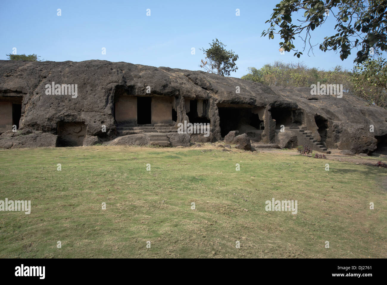 Mahakali Caves or Kondivita Caves. Viharas and water cistern on the